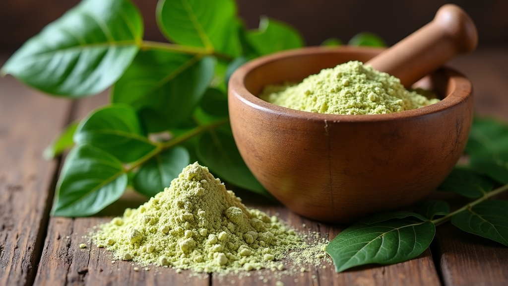 A close-up photo of Moringa leaves and powder on a rustic wooden table with a mortar and pestle