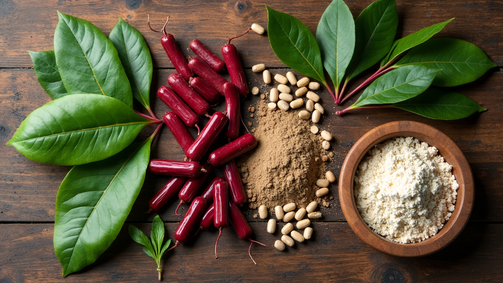 A composition of natural supplements: moringa leaves, beetroot, pine bark extract, and L-citrulline powder on a wooden table.