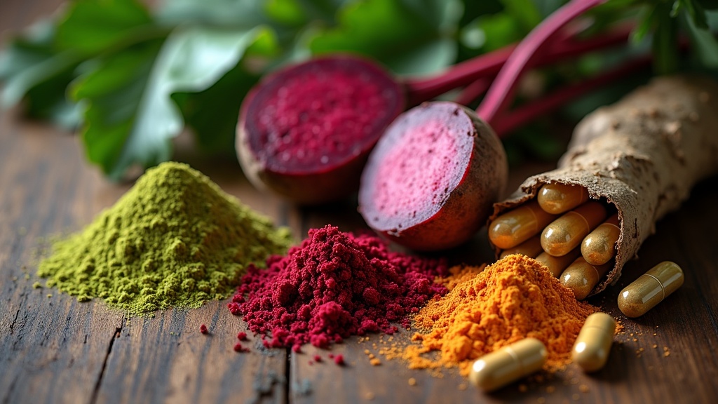 A selection of natural supplements including moringa powder, beetroot, ginseng root, L-arginine, and L-citrulline capsules on a rustic wooden table.