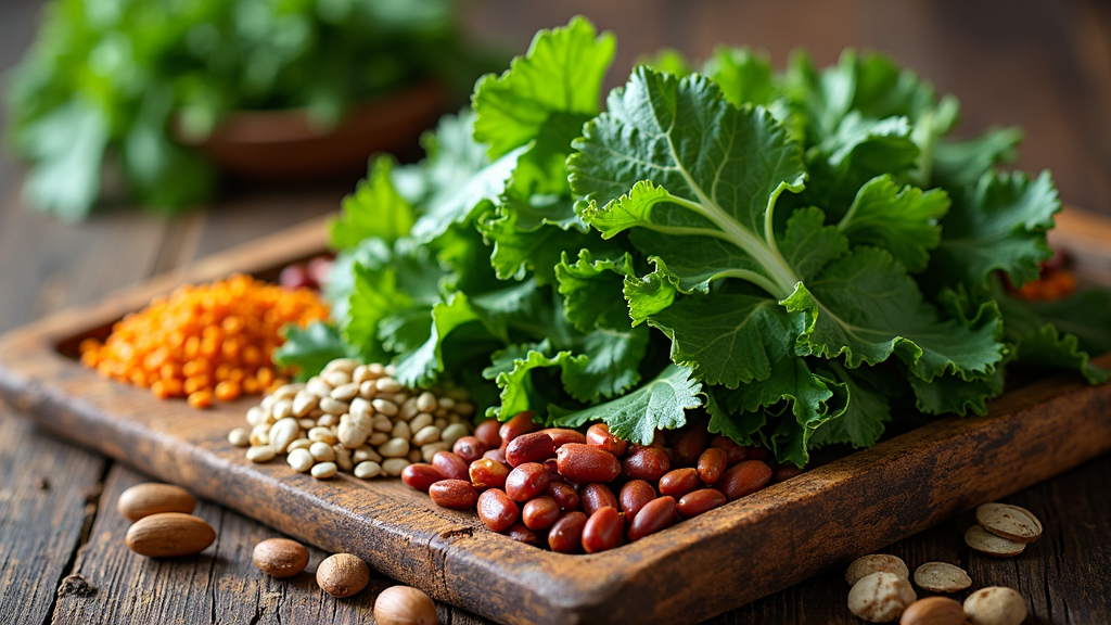A selection of nutrient-rich foods such as leafy greens, nuts, seeds, and legumes on a rustic table. Natural light, earthy tones.