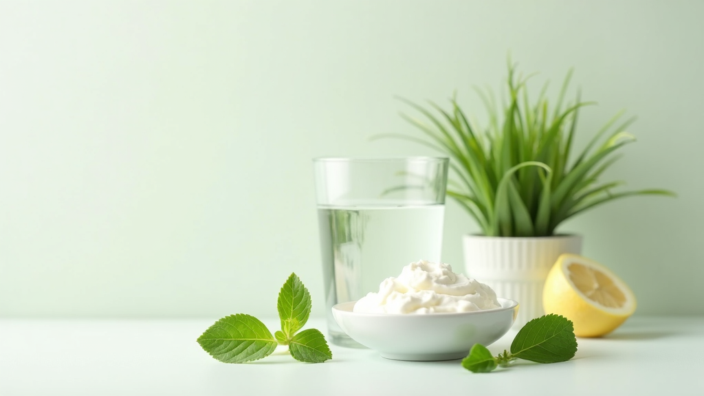 A simple, clean photo of natural ingredients for feminine health: probiotic yogurt, fresh leafy greens, and a glass of water on a neutral background.