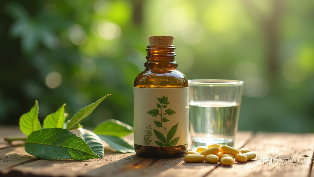Bottle of natural supplements and moringa leaves on a wooden table with a glass of water nearby