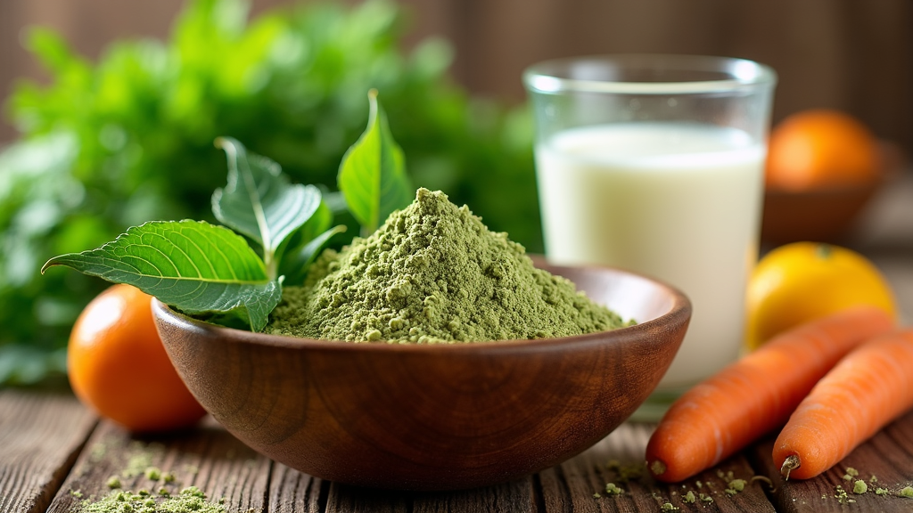 Bright green moringa leaves and powder arranged on a rustic background