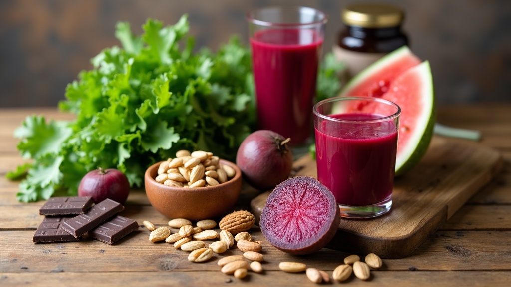 Close-up of a wooden table with fresh leafy greens, beets, watermelon, nuts, seeds, and dark chocolate arranged for a healthy lifestyle.
