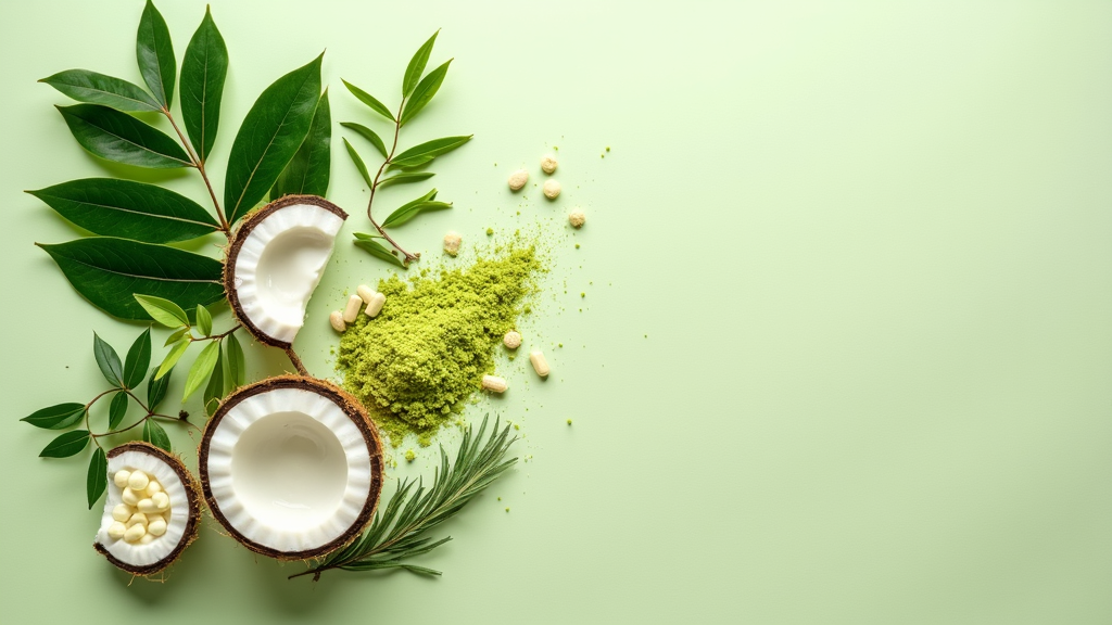 Colorful display of natural remedies including moringa leaf powder, probiotic capsules, coconut oil, and fresh herbs on a clean background.