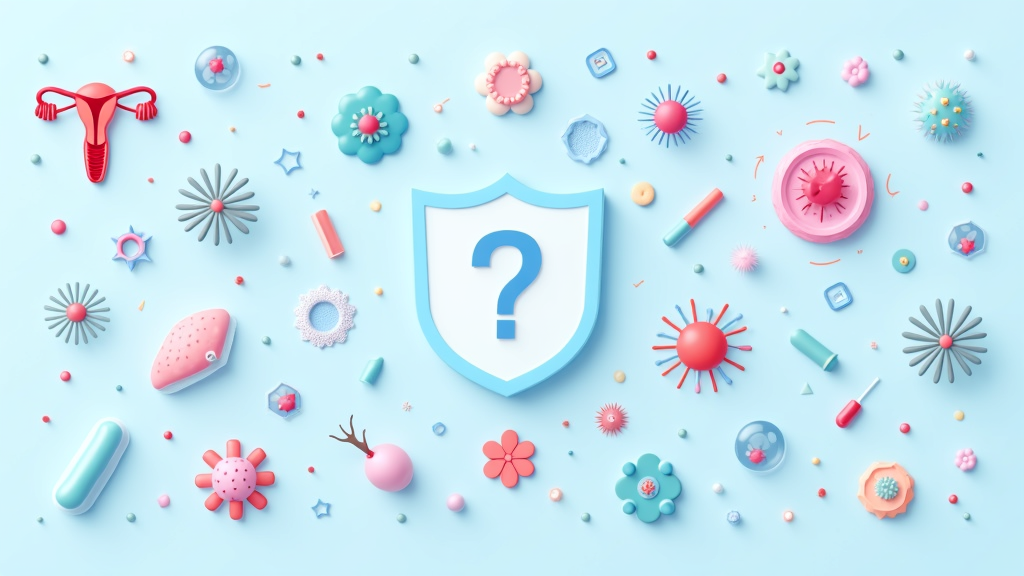 Colorful illustrations of bacteria, yeast, and microscopic organisms commonly causing vaginal infections, on a clear blue background with medical symbols like shields and check marks.