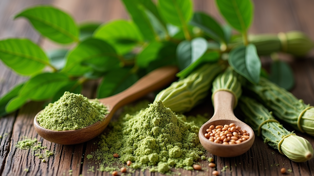 Fresh green moringa leaves and powder on a rustic wooden background. Moringa pods and seeds are scattered nearby, highlighting the plant's various edible parts used as a superfood supplement.