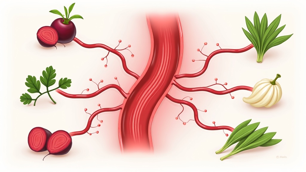 Illustration of a healthy artery with good blood flow, surrounded by natural herbs and supplements like beetroot and moringa leaves