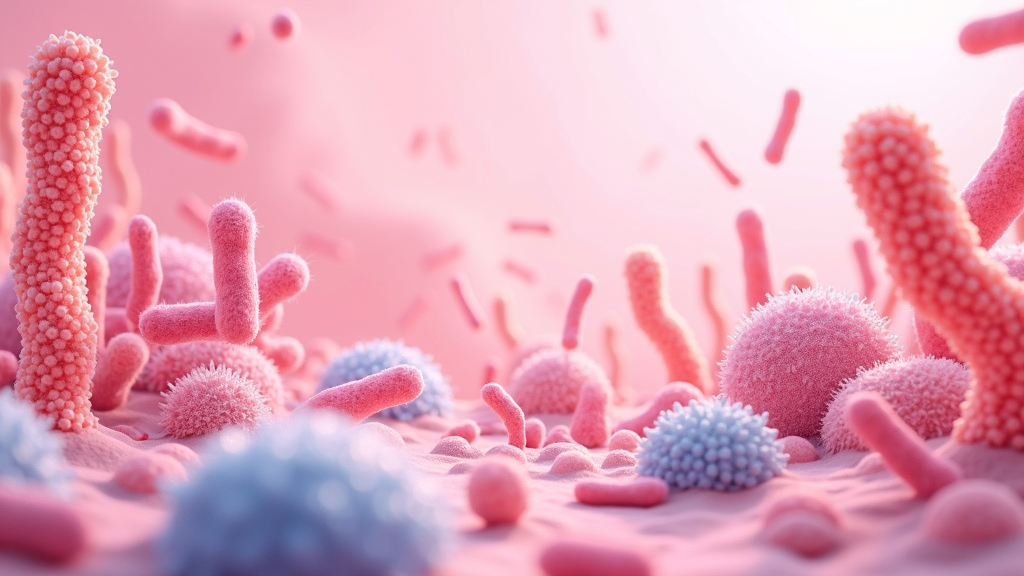 Microscopic view of various bacteria and microorganisms in a healthy ecosystem