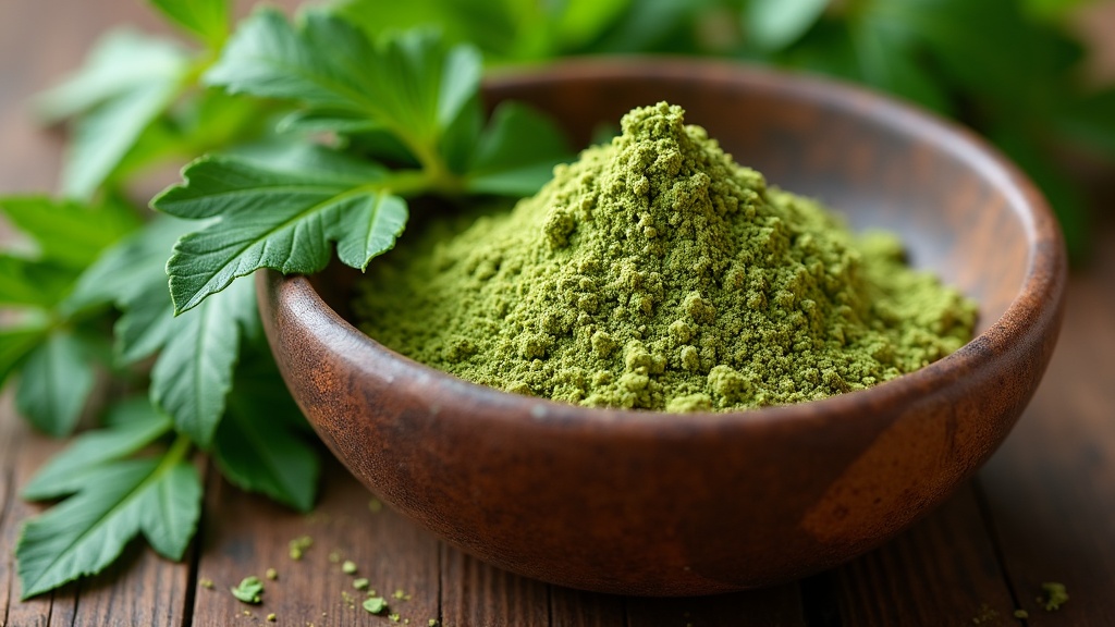 A bowl filled with fresh moringa leaves and dried moringa powder on a rustic surface