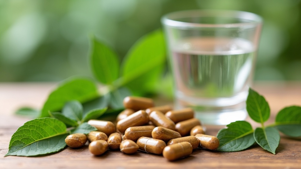 A close-up of natural herb supplements and fresh green leaves on a wooden surface, with a glass of water to the side.