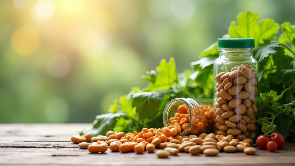 A collection of natural supplements and green vegetables on a wooden table, with sunlight streaming in from one side.