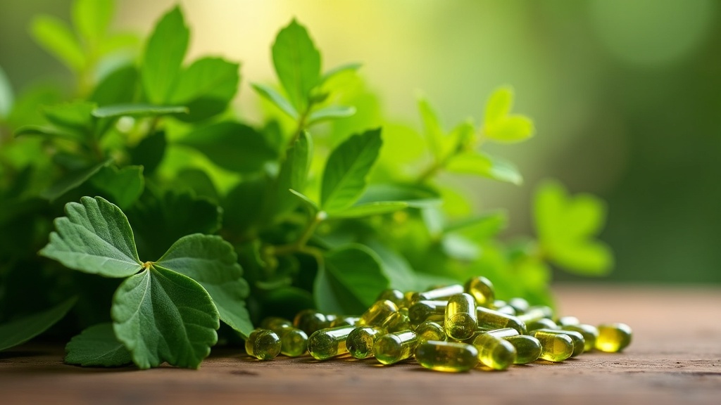 A lush green moringa plant with capsules, a calming and healthy natural supplement.