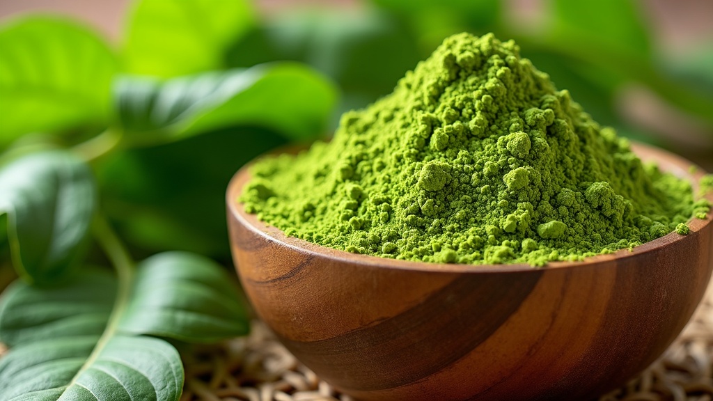 Bowl of vivid green moringa powder surrounded by fresh leaves and a glass of water, suggesting health and natural benefits.