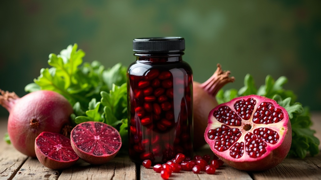 Brightly colored foods high in nitrate such as beets, leafy greens, and pomegranate shown in a wooden bowl with a supplement bottle nearby.