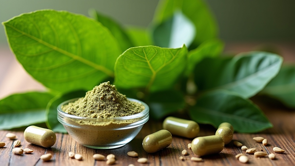 Fresh green moringa leaves and capsules displayed on a natural background