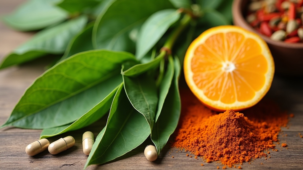 Fresh green moringa leaves and capsules on a wooden table next to a sliced orange and a bowl of colorful antioxidant-rich spices.