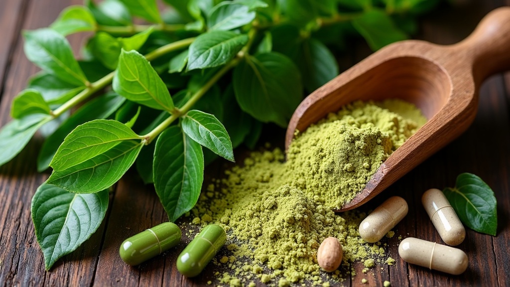 Fresh moringa leaves and capsules surrounded by green herbs, on a rustic wooden table, highlighting a natural approach to gut health.