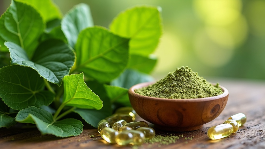 Moringa leaves, powder, and capsules on a rustic background