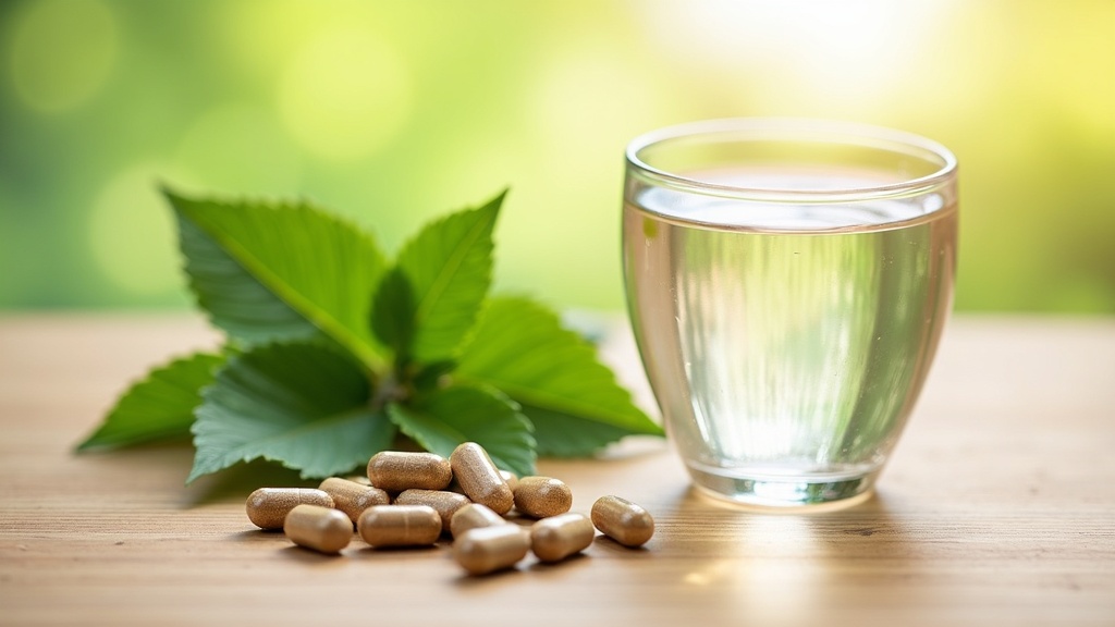 Colorful herbal capsules, leaves, and a glass of water on a clean wooden surface