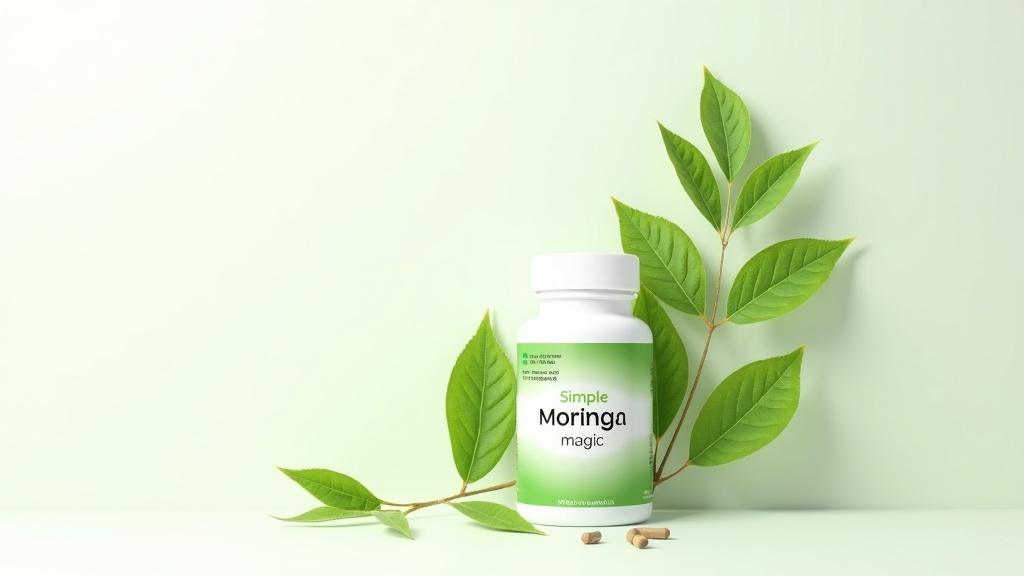 Simple Moringa Magic Capsule bottle beside a bunch of green Moringa leaves on a clean, white background